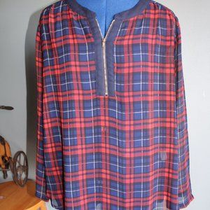 Hazel Women's Semi Sheer Long Sleeve Navy/Red Plaid Zip Front Blouse ~M~